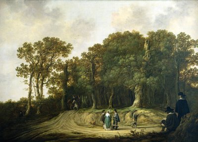 Een bebost landschap met de kunstenaar aan het schetsen door Aelbert Cuyp